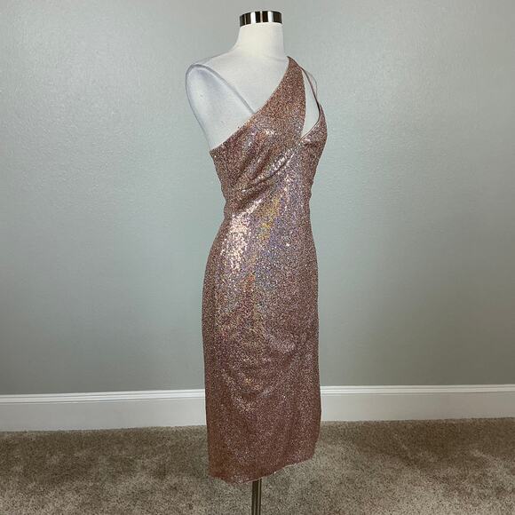AQUA Women's Cocktail Dress Size 6 Gold Sequin One Shoulder Cut Out Midi Sheath - Picture 2 of 13